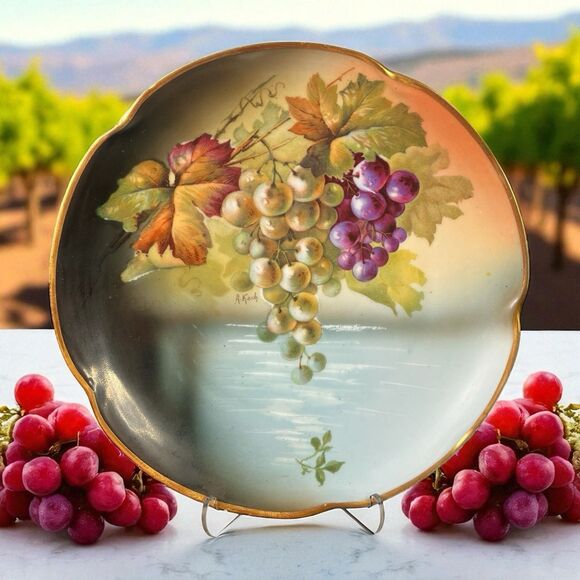 Vintage J&C Bavaria Plate Signed A. Koch Hand-Painted Grapes Gold Trim 8.5"Wide - Picture 1 of 10